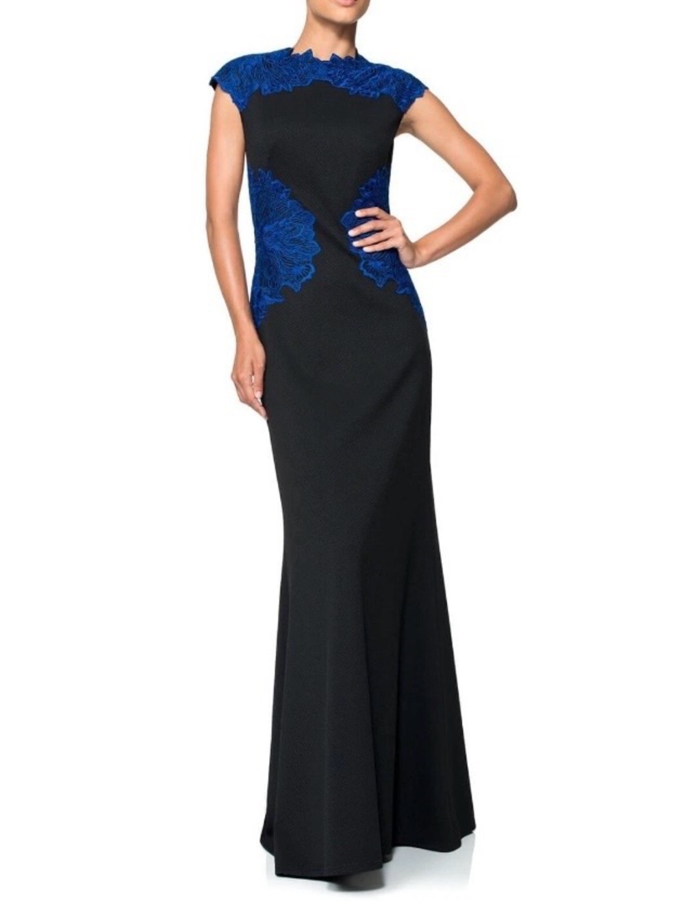 Tadashi Shoji Neoprene Stretch Dress Gown Royal Blue Floral Appliqué Size M